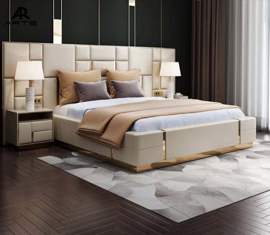 2025 Villa Bedroom Furniture Leather Upholstered Bed for Home Hotel Bedroom Furniture king Size Queen Size Bed - Image 2