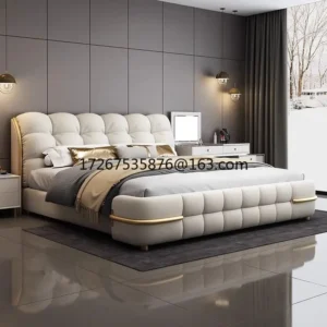 Simple leather double wedding bed, high-end atmosphere, light luxury air pressure storage leather bed