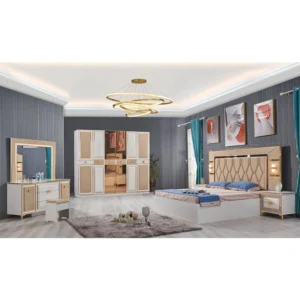 Mirror Bed Furniture Set Full Size Royal Modern Wooden Bed King Deluxe Classic Bedroom