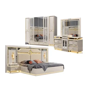 Deluxe White Wood Frame Double King Bed Set Master Bedroom Wood Modern Leather Queen Bed Full Home Furniture Bedroom Set